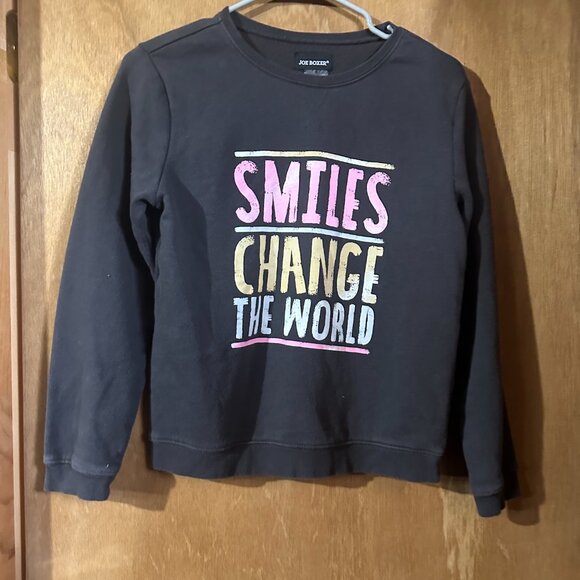 Girls Joe Boxer Crew Sweatshirt Smiles Change The World on front Size 14/16 Grey - Picture 2 of 14